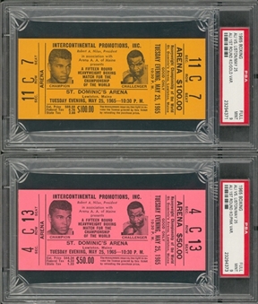 Lot of (2) 1965 Cassius Clay/Muhammad Ali vs Sonny Liston II Full Tickets: Ali 1st Round KO (Pink & Gold Variations) (PSA/DNA MINT 9)